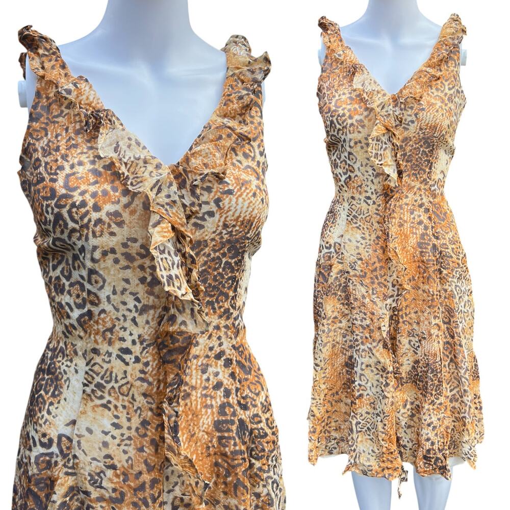 90s Y2K Bloomingdale’s Silk Blend Leopard Print Midi Dress Ruffle Sz 6 Chiffon